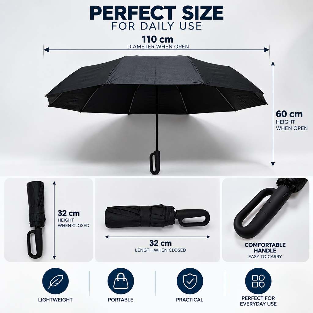 Automatic Compact Folding Umbrella – Waterproof Windproof Travel Umbrella – Black & Navy