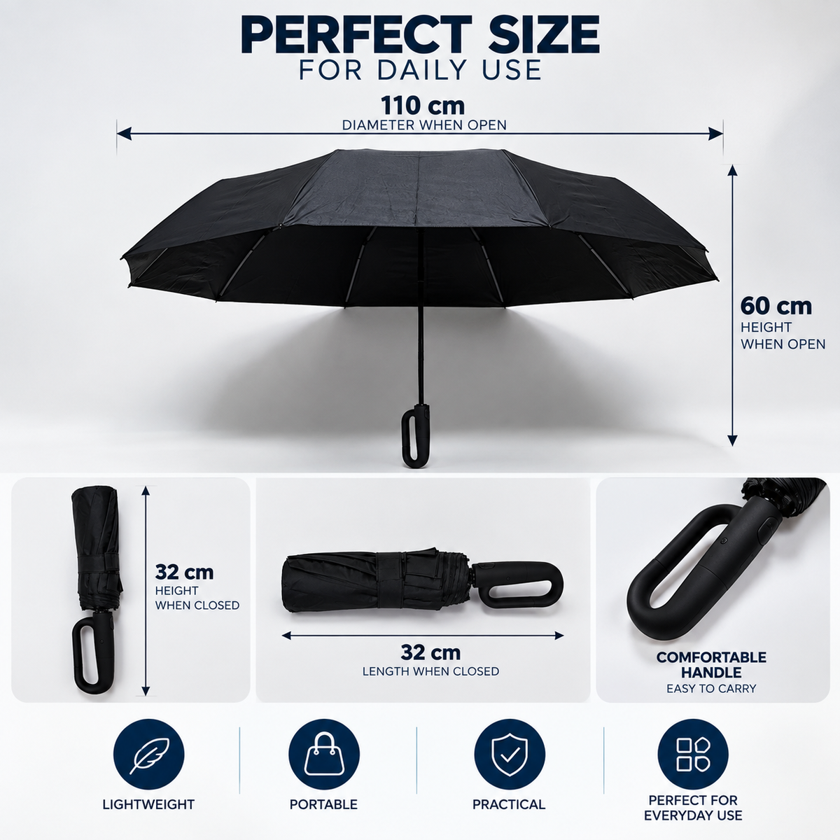 Automatic Compact Folding Umbrella – Waterproof Windproof Travel Umbrella – Black & Navy