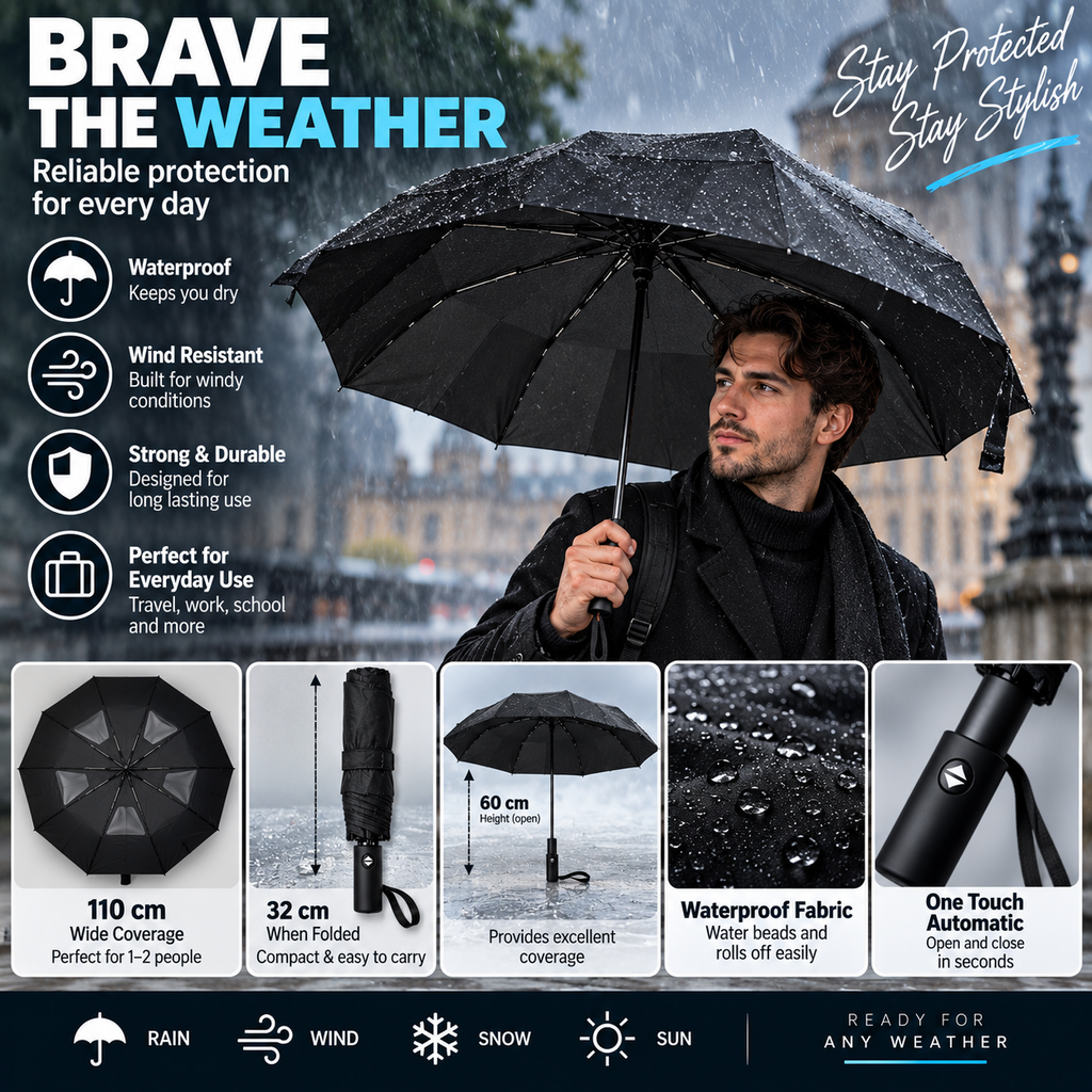 Large Automatic Windproof & Waterproof Folding Umbrella – 110cm Wide, One Touch Open & Close, Compact 32cm – Black or Navy