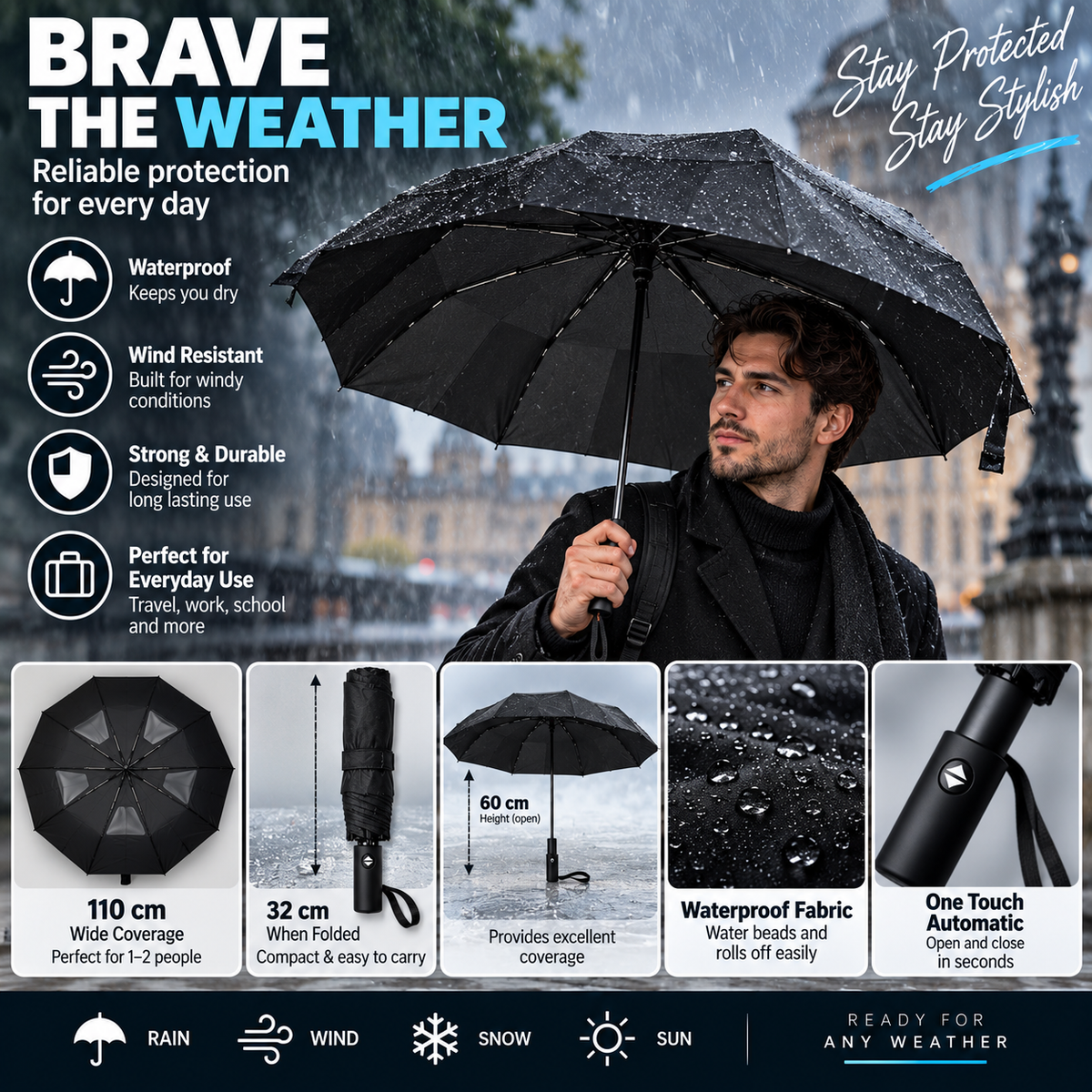 Large Automatic Windproof & Waterproof Folding Umbrella – 110cm Wide, One Touch Open & Close, Compact 32cm – Black or Navy