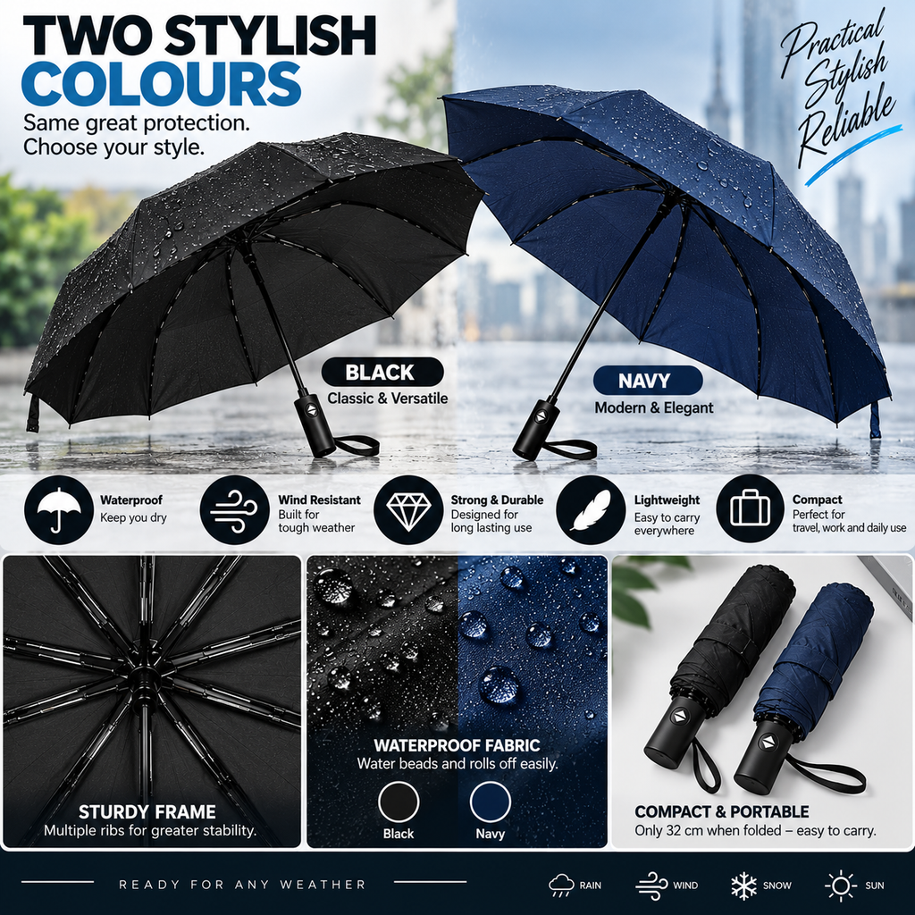 Large Automatic Windproof & Waterproof Folding Umbrella – 110cm Wide, One Touch Open & Close, Compact 32cm – Black or Navy