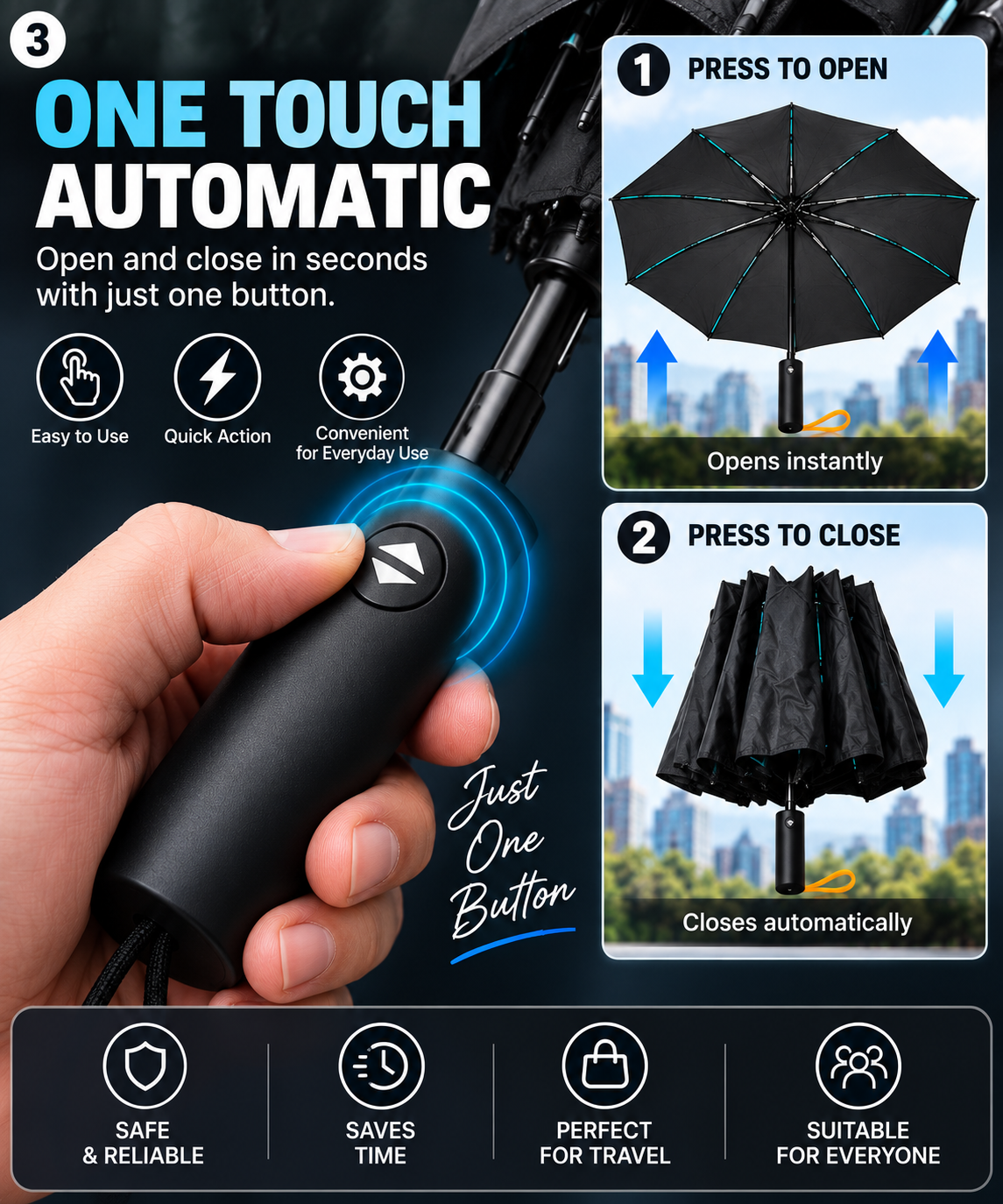 Large Automatic Windproof & Waterproof Folding Umbrella – One Touch Open & Close, 110cm Wide, Compact & Portable