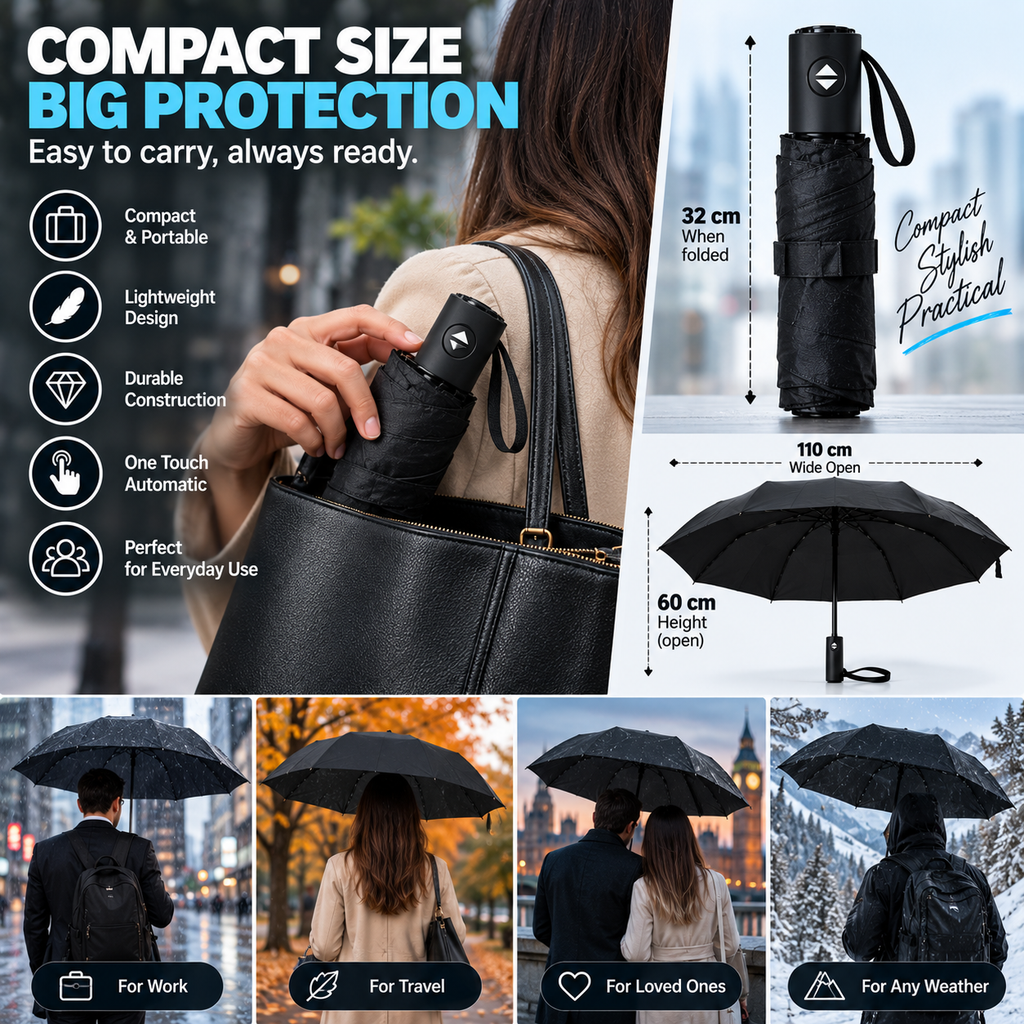 Large Automatic Windproof & Waterproof Folding Umbrella – 110cm Wide, One Touch Open & Close, Compact 32cm – Black or Navy