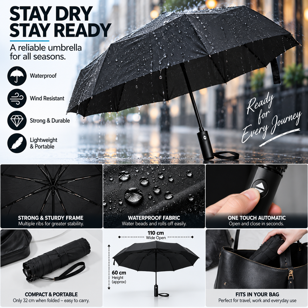 Large Automatic Windproof & Waterproof Folding Umbrella – 110cm Wide, One Touch Open & Close, Compact 32cm – Black or Navy