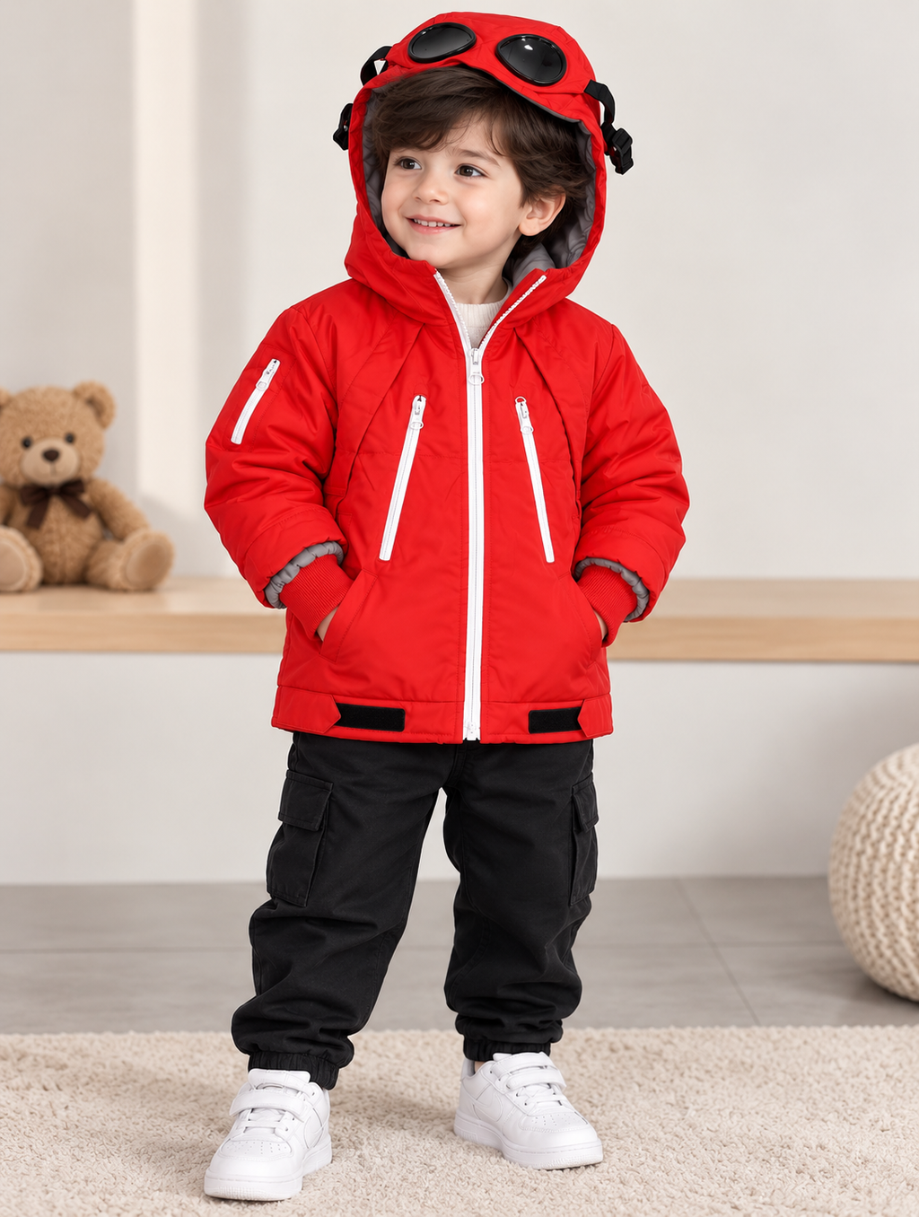 Kids Waterproof Hooded Winter Jacket – Warm Padded Windproof Coat with Zip Pockets – Red & Blue