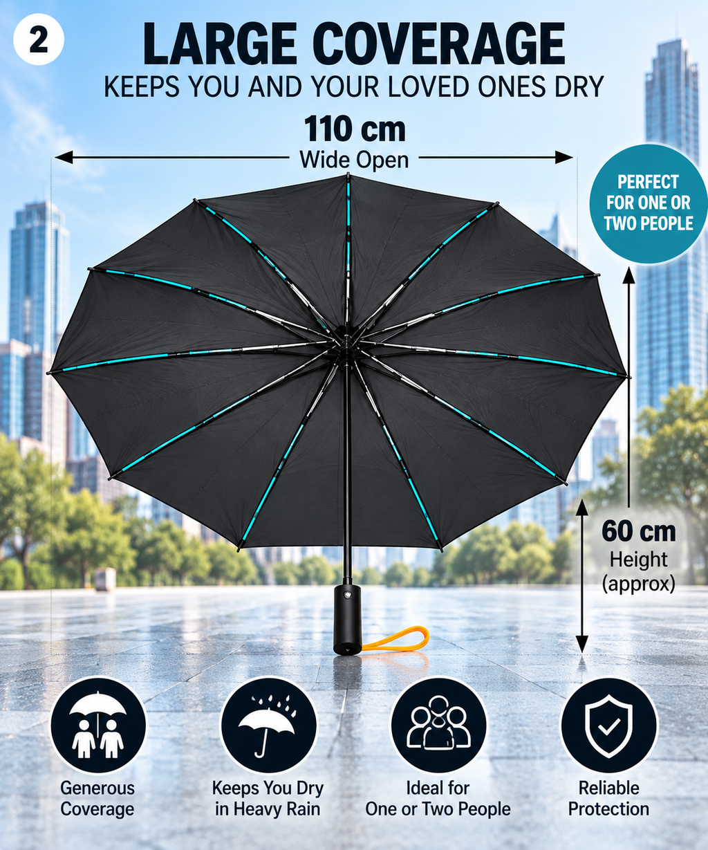 Large Automatic Windproof & Waterproof Folding Umbrella – One Touch Open & Close, 110cm Wide, Compact & Portable