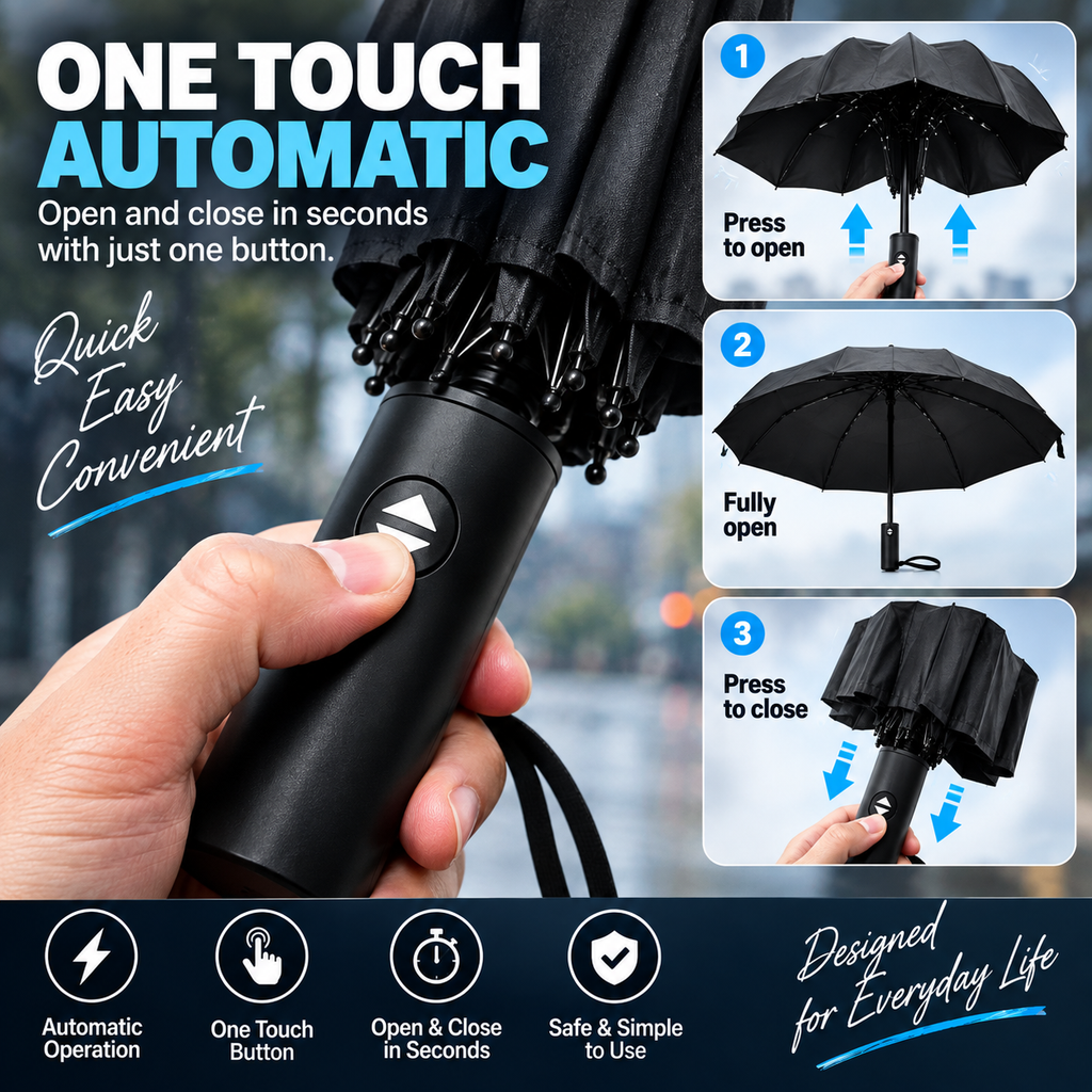 Large Automatic Windproof & Waterproof Folding Umbrella – 110cm Wide, One Touch Open & Close, Compact 32cm – Black or Navy