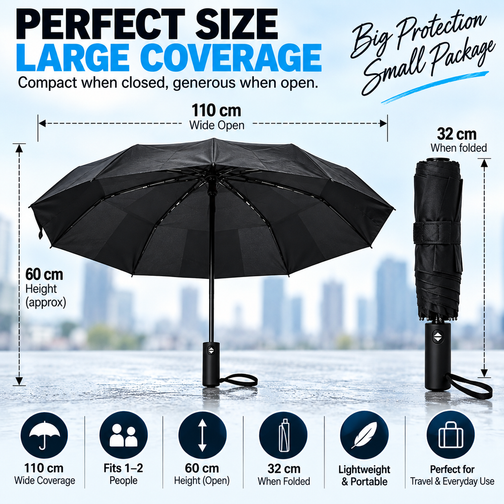 Large Automatic Windproof & Waterproof Folding Umbrella – 110cm Wide, One Touch Open & Close, Compact 32cm – Black or Navy