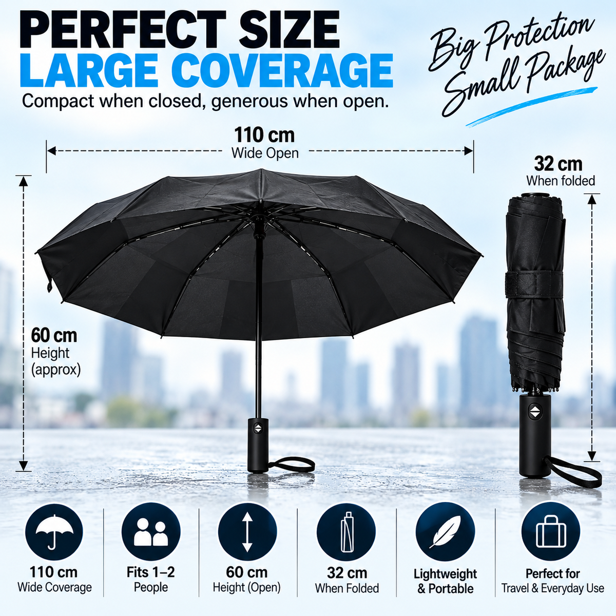 Large Automatic Windproof & Waterproof Folding Umbrella – 110cm Wide, One Touch Open & Close, Compact 32cm – Black or Navy