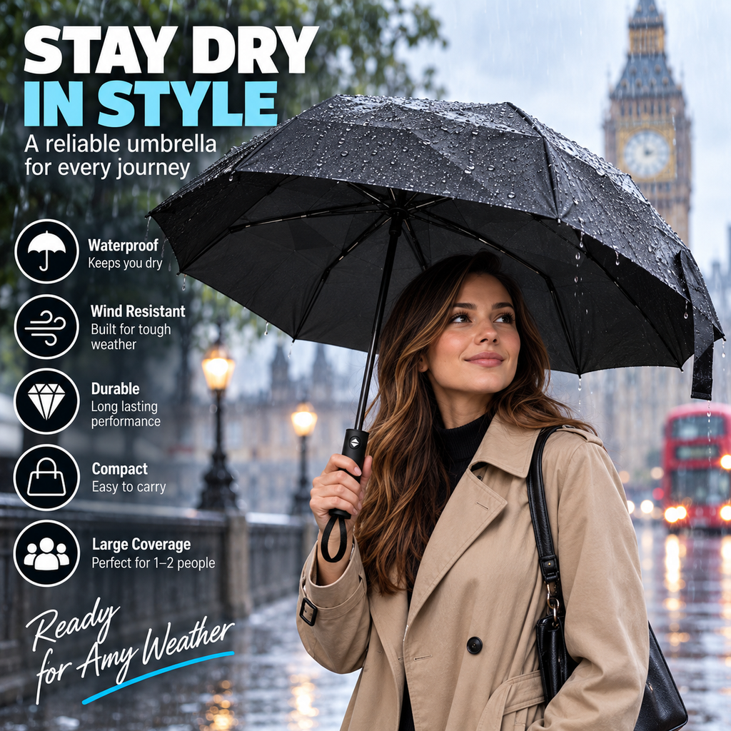 Large Automatic Windproof & Waterproof Folding Umbrella – 110cm Wide, One Touch Open & Close, Compact 32cm – Black or Navy