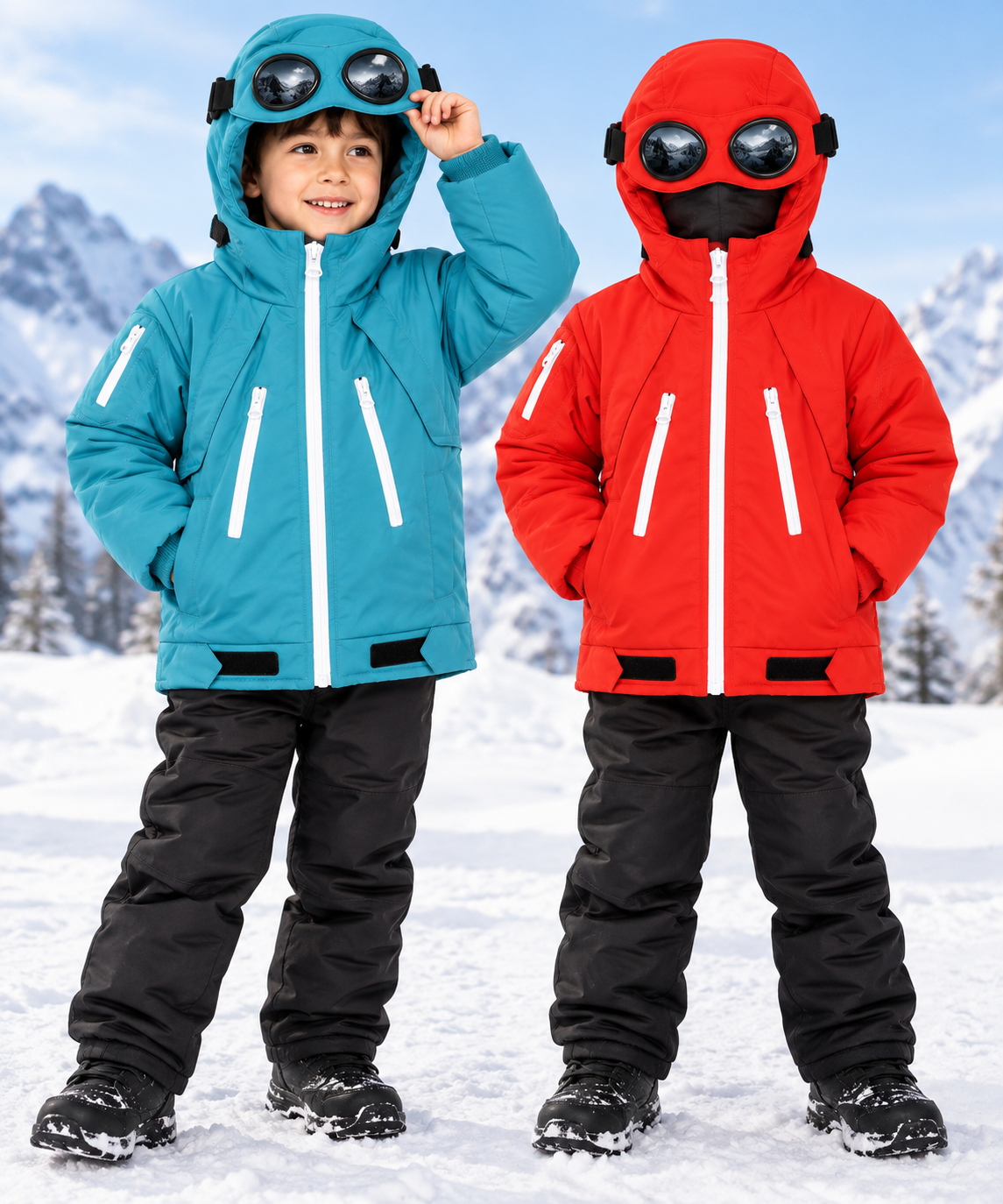 Kids Waterproof Hooded Winter Jacket – Warm Padded Windproof Coat with Zip Pockets – Red & Blue