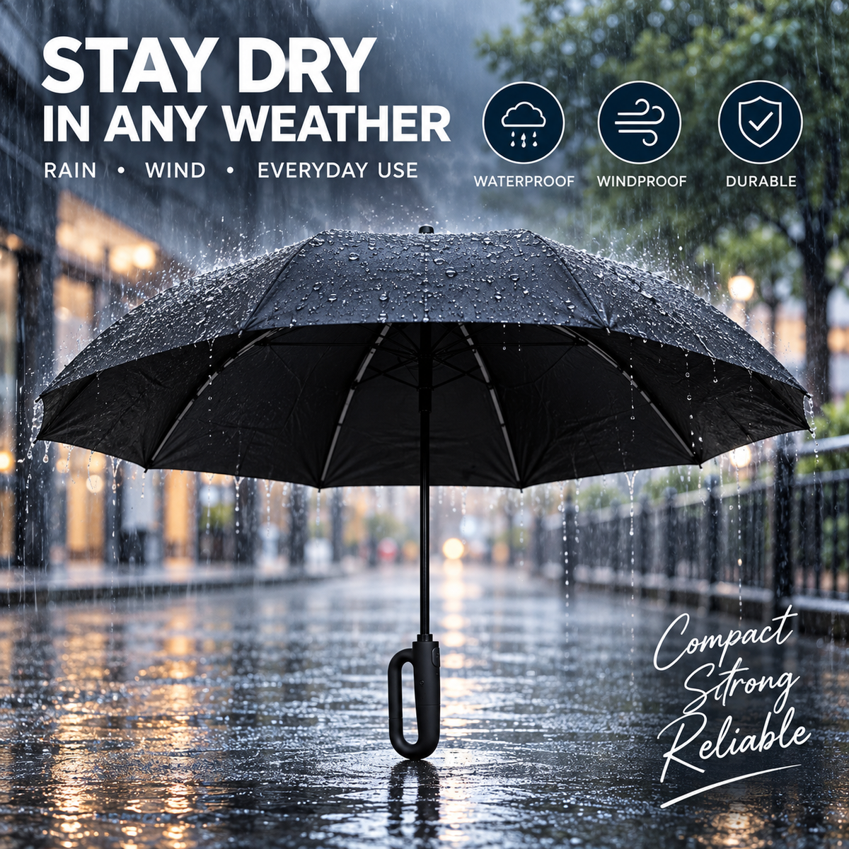 Automatic Compact Folding Umbrella – Waterproof Windproof Travel Umbrella – Black & Navy